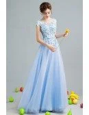 2019 Gorgeous Sky Blue Tulle Prom Dress With Flower Lace Bodice