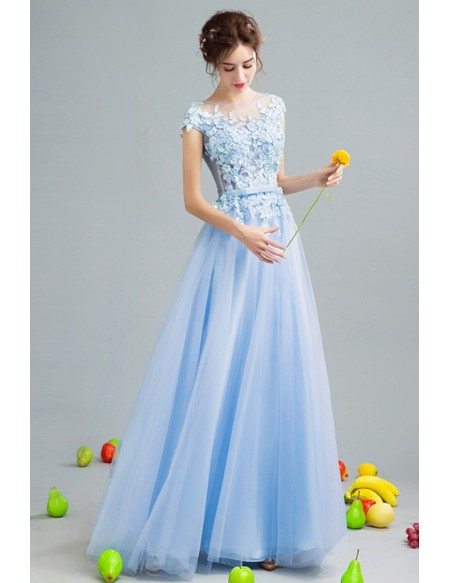 2019 Gorgeous Sky Blue Tulle Prom Dress With Flower Lace Bodice