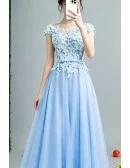 2019 Gorgeous Sky Blue Tulle Prom Dress With Flower Lace Bodice