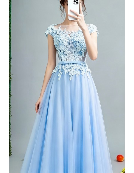 2019 Gorgeous Sky Blue Tulle Prom Dress With Flower Lace Bodice