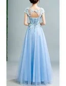 2019 Gorgeous Sky Blue Tulle Prom Dress With Flower Lace Bodice