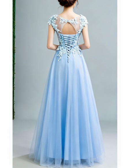 2019 Gorgeous Sky Blue Tulle Prom Dress With Flower Lace Bodice