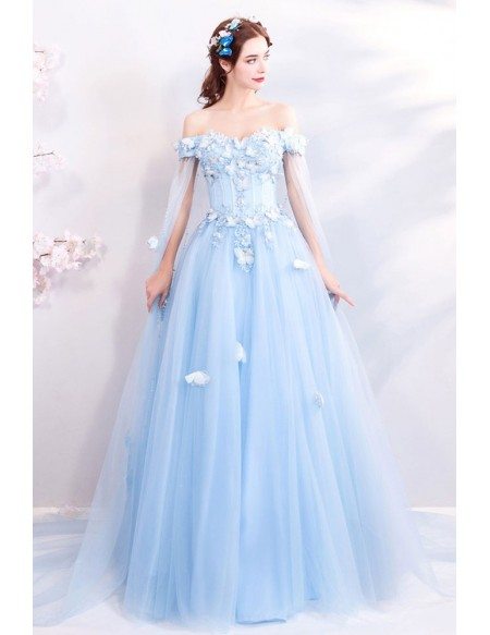 Dreamy Fairytale Blue Tulle Long Prom Dress Off Shoulder With Butterflies
