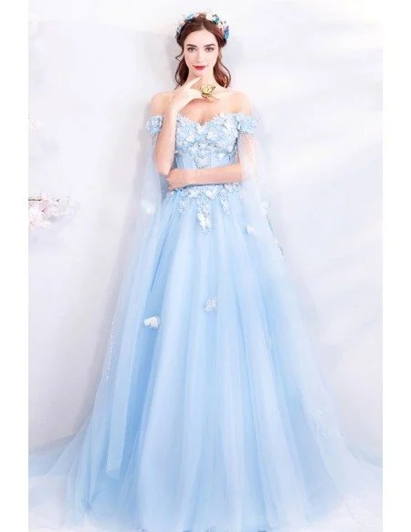 Dreamy Fairytale Blue Tulle Long Prom Dress Off Shoulder With Butterflies