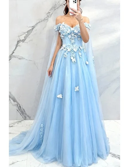 Dreamy Fairytale Blue Tulle Long Prom Dress Off Shoulder With Butterflies