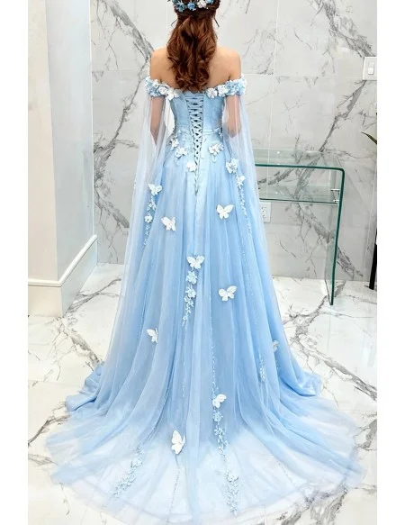 Dreamy Fairytale Blue Tulle Long Prom Dress Off Shoulder With Butterflies