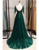 Dark Green Flowy Tulle Prom Dress With Train Appliques