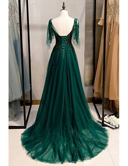 Dark Green Flowy Tulle Prom Dress With Train Appliques