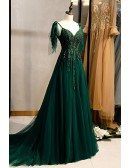 Dark Green Flowy Tulle Prom Dress With Train Appliques
