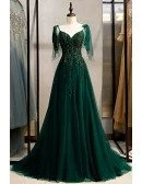 Dark Green Flowy Tulle Prom Dress With Train Appliques