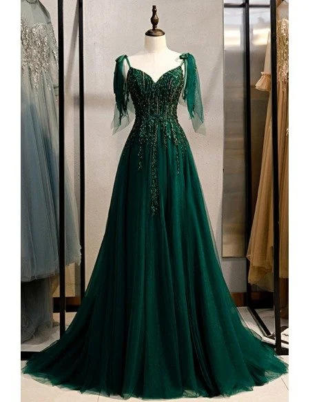 Dark Green Flowy Tulle Prom Dress With Train Appliques