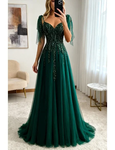 Dark Green Flowy Tulle Prom Dress With Train Appliques