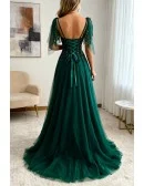 Dark Green Flowy Tulle Prom Dress With Train Appliques