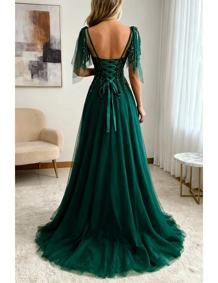 Dark Green Flowy Tulle Prom Dress With Train Appliques
