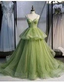 Stunning Ruffled Tulle Green Corset Prom Dress with Straps Long Train