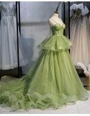 Stunning Ruffled Tulle Green Corset Prom Dress with Straps Long Train