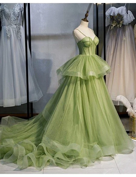 Stunning Ruffled Tulle Green Corset Prom Dress with Straps Long Train