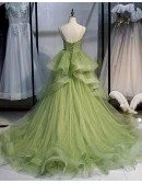 Stunning Ruffled Tulle Green Corset Prom Dress with Straps Long Train