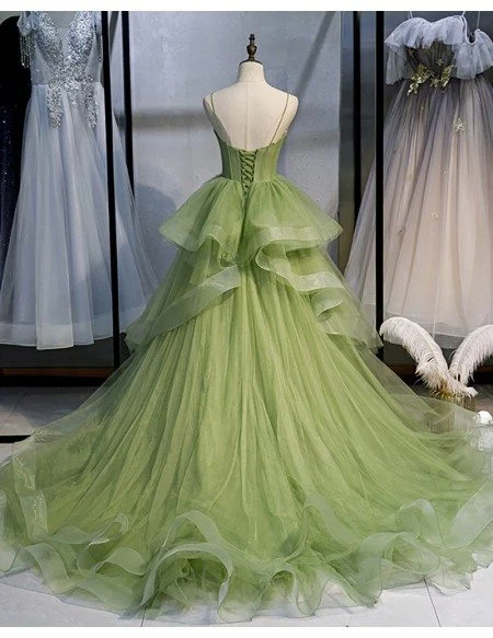 Stunning Ruffled Tulle Green Corset Prom Dress with Straps Long Train