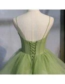 Stunning Ruffled Tulle Green Corset Prom Dress with Straps Long Train