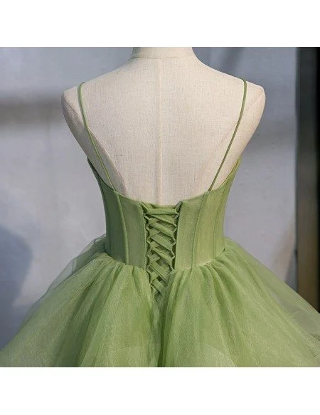 Stunning Ruffled Tulle Green Corset Prom Dress with Straps Long Train