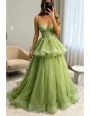 Stunning Ruffled Tulle Green Corset Prom Dress with Straps Long Train