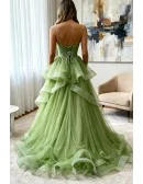 Stunning Ruffled Tulle Green Corset Prom Dress with Straps Long Train