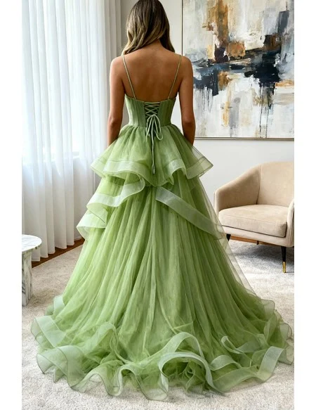 Stunning Ruffled Tulle Green Corset Prom Dress with Straps Long Train