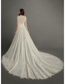Classic A-line V-neck Cathedral Train Lace Satin Wedding Dress With Sleeves