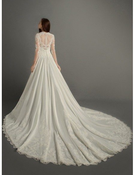 Classic A-line V-neck Cathedral Train Lace Satin Wedding Dress With Sleeves