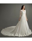 Classic A-line V-neck Cathedral Train Lace Satin Wedding Dress With Sleeves