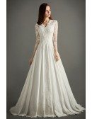 Classic A-line V-neck Cathedral Train Lace Satin Wedding Dress With Sleeves