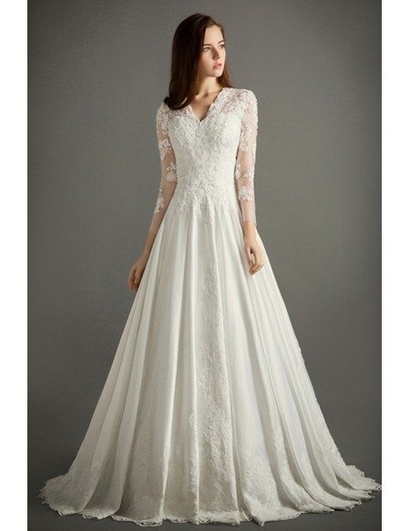 Classic A-line V-neck Cathedral Train Lace Satin Wedding Dress With Sleeves