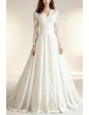 Classic A-line V-neck Cathedral Train Lace Satin Wedding Dress With Sleeves