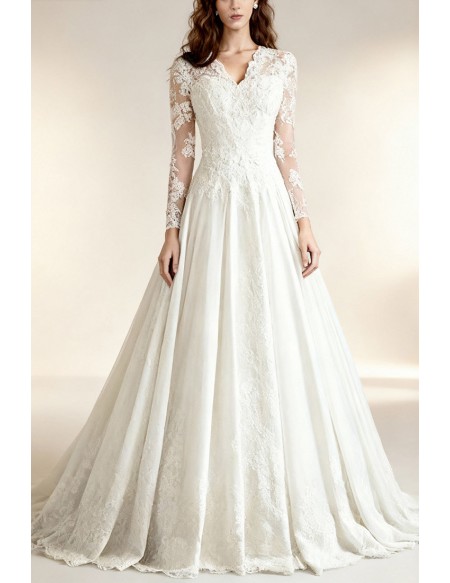 Classic A-line V-neck Cathedral Train Lace Satin Wedding Dress With Sleeves