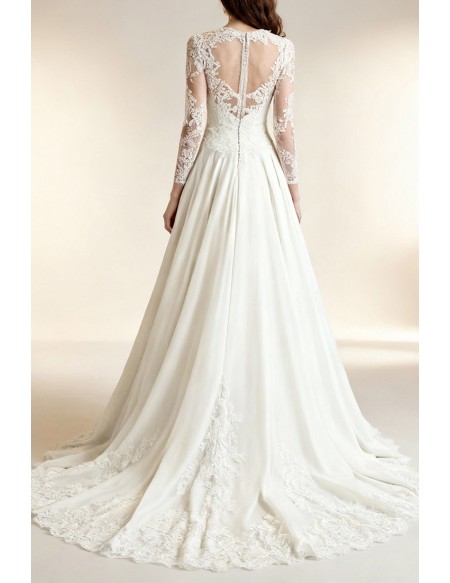 Classic A-line V-neck Cathedral Train Lace Satin Wedding Dress With Sleeves