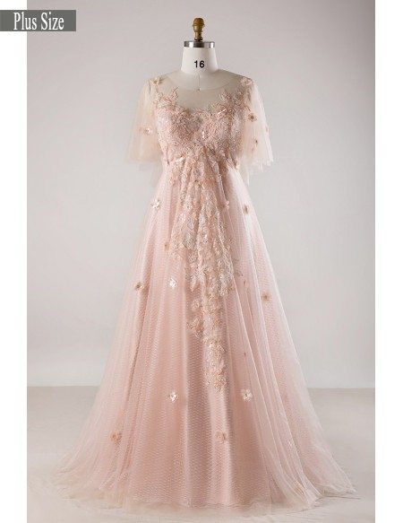 Plus Size Blush Pink Flowing Long Tulle Flowers Long Formal Dress