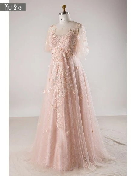 Plus Size Blush Pink Flowing Long Tulle Flowers Long Formal Dress