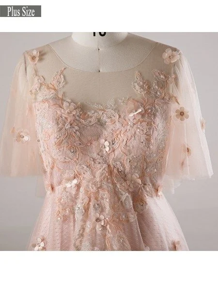Plus Size Blush Pink Flowing Long Tulle Flowers Long Formal Dress