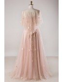 Plus Size Blush Pink Flowing Long Tulle Flowers Long Formal Dress