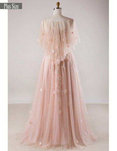 Plus Size Blush Pink Flowing Long Tulle Flowers Long Formal Dress