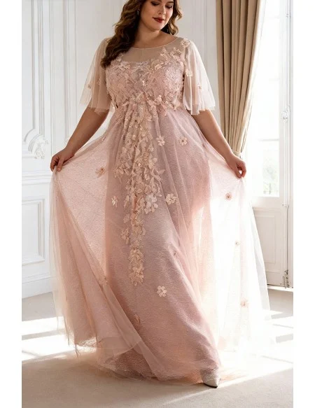 Plus Size Blush Pink Flowing Long Tulle Flowers Long Formal Dress
