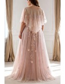 Plus Size Blush Pink Flowing Long Tulle Flowers Long Formal Dress