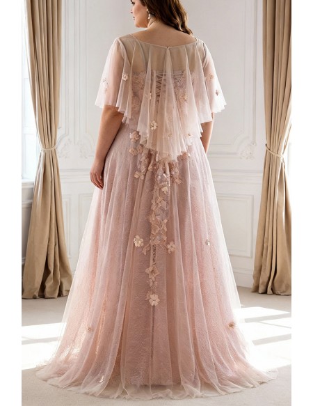 Plus Size Blush Pink Flowing Long Tulle Flowers Long Formal Dress