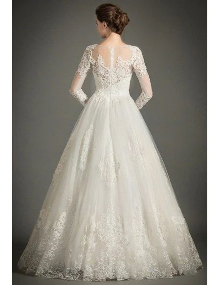 Classic A-Line High-neck Floor-length Tulle Wedding Dress With Appliques Lace