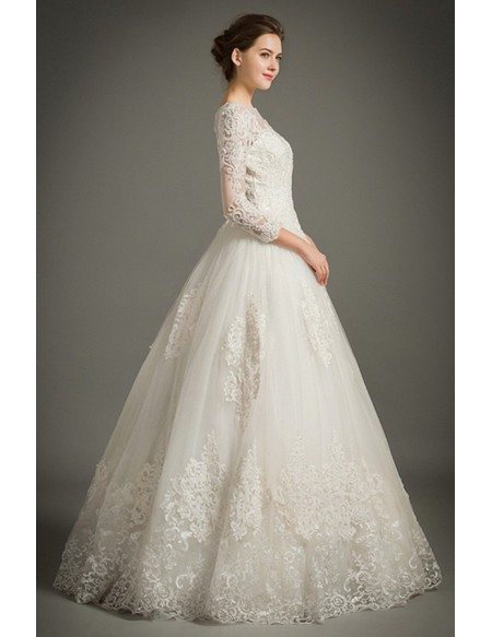 Classic A-Line High-neck Floor-length Tulle Wedding Dress With Appliques Lace