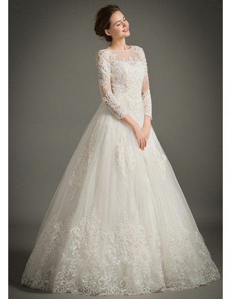 Classic A-Line High-neck Floor-length Tulle Wedding Dress With Appliques Lace