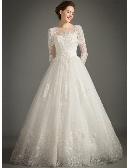 Classic A-Line High-neck Floor-length Tulle Wedding Dress With Appliques Lace