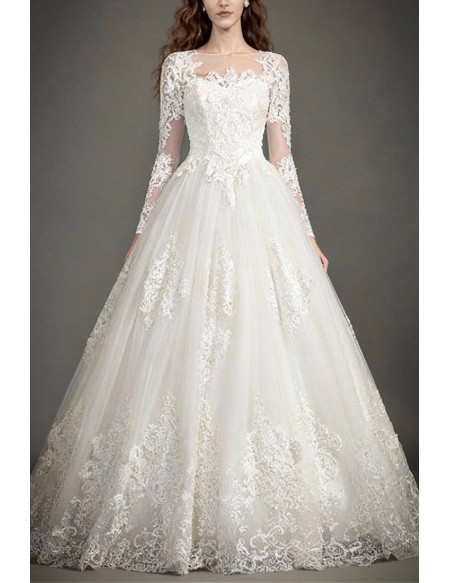 Classic A-Line High-neck Floor-length Tulle Wedding Dress With Appliques Lace