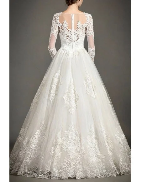 Classic A-Line High-neck Floor-length Tulle Wedding Dress With Appliques Lace